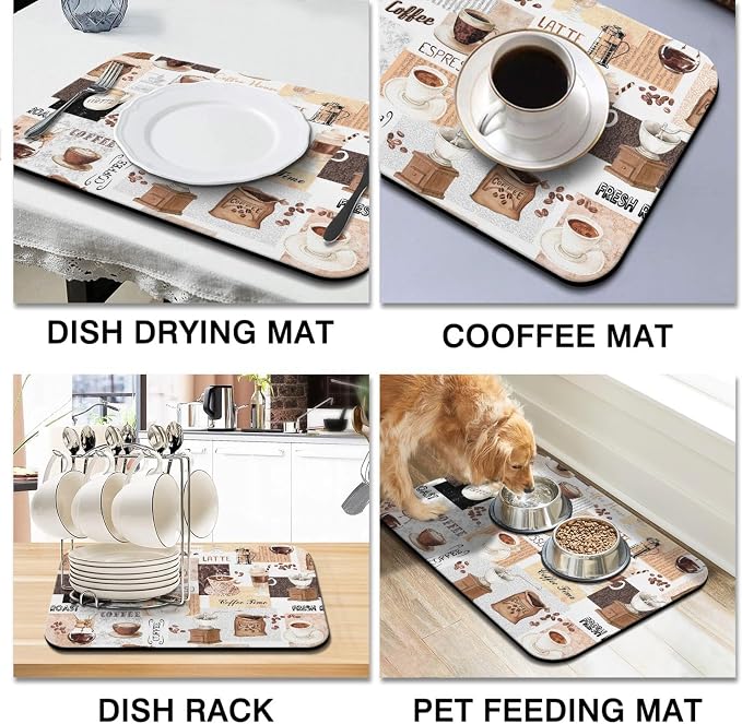 Coffee Mat 23inx15in, Absorbent Hide Stain Anti-Slip Coffee Bar Accessories, Dish Drying Mat for Kitchen
