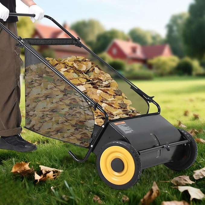 21-Inch Push Lawn Sweeper, Manual Leaf Sweeper with 4 Spinning Brushes & 3.5 cu. ft. Hopper Bag, Heavy Duty Steel Yard Sweeper with Adjustable Brush Height, Rubber Wheels for Leaves Grass Clippings