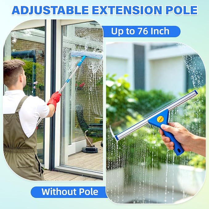 Window Cleaning Kit with 3 Gal Bucket - 14'' Window Squeegee&15'' Scrubber&76'' Long Handle Window Cleaner Tool, Professional Windows Washing Equipment for Home, Commercial Use, Outdoor, Car