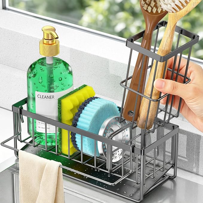 Sponge Holder for Kitchen Sink, Kitchen Sink Caddy, Kitchen Sink Sponge Holder, Dish Sponge Holder, Kitchen Sink Organizer for Sponge, Dish Brush, Scrubber(9.65" x 3.74" x 6.3", Dark gray)