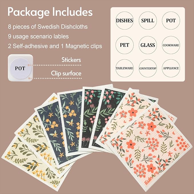 Eulnars Reusable Paper Towels, Swedish Dishcloths for Kitchen 8-Pack, Non-Scratch Swedish Dish Towels, Super Absorbent Cellulose Dish Cloths, Eco Friendly Gifts