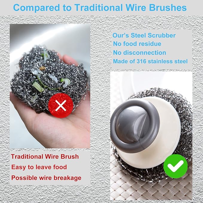 24Pack Steel Wool Scrubber with Handle, Stainless Steel Scrubber for Cleaning Cast Iron, Dishes, Stock Pots, Pans, Griddles, Grills