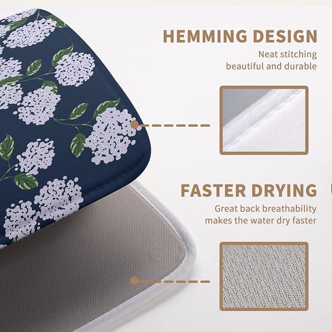 Navy Blue Hydrangea Dish Drying Mats Spring Summer Dish Mat Vintage Floral Drying Matt Dishes Dryer Pad for Kitchen Counter Absorbent Microfiber Washable Foldable Reusable 18x24 in