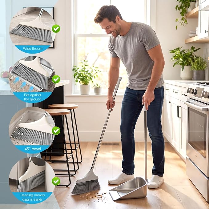 2 Pack Stainless Steel Broom and Dustpan Set Heavy Duty, Long Handle Dustpan with Upright Stand, Angled Bristles for Indoor and Outdoor Home Kitchen Floor Cleaning