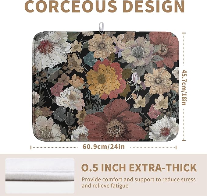 Spring Boho Floral Dish Drying Mats Spring Summer Vintage Flowers Dish Mat Farmhouse Drying Matt Dishes Dryer Pad for Kitchen Counter Absorbent Microfiber Washable Foldable Reusable 18x24 in