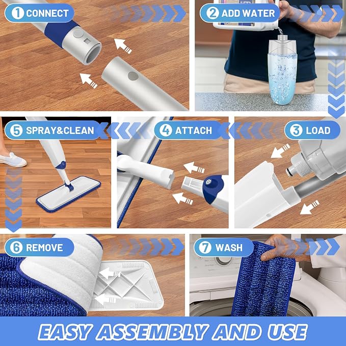 HOMTOYOU Microfiber Flat Mop with Sprayer: Spray Mop with 4 Washable Pads | Cleaning Multi-Surface Floors, 1Pcs 400+ML Refillable Bottle, Wet Dry Use, 360° Swivel Head, White