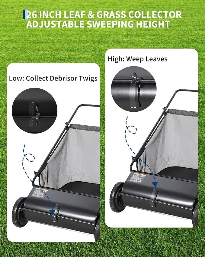 Garvee 26" Push Lawn Sweeper, 7 Cu. Ft. Hopper Capacity Grass Sweeper, Manual Push Yard Sweeper with Height Adjustment & 4 Spinning Brushes, Heavy Duty Lawn Sweeper with Steel Wheels, Black | Manual Push Yard Sweeper with Height Adjustment & 4 Spinning...