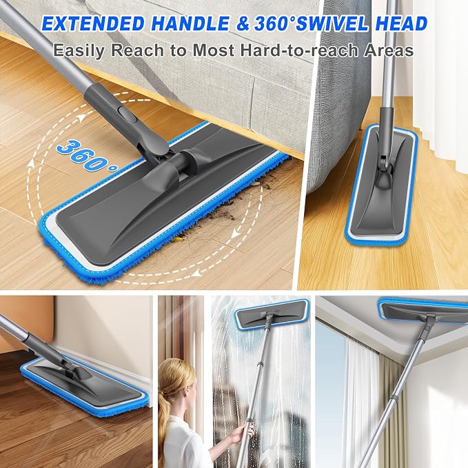 BPAWA Microfiber Mops for Floor Cleaning: Flat Mop for Hardwood Tile Wood | 4 Washable Pads, 59" Adjustable Handle, Dry & Wet Mopping Home Kitchen Bathroom Laminate Vinyl Marble Floors Multi-surfaces