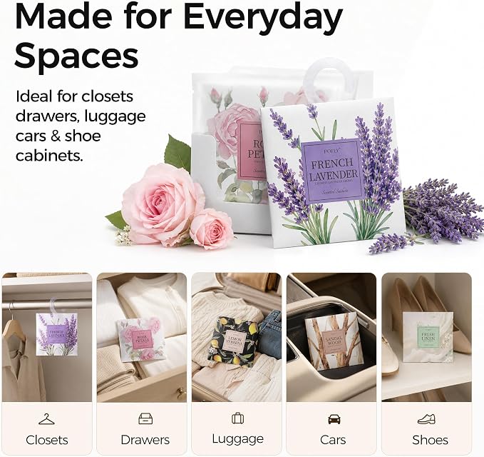 12 Pack 6 Assorted Scented Sachets, Air Freshener for Small Spaces | Hanging Sachet Bags with Retractable Hook; Closet Deodorizer & Odor Eliminator for Drawers, Shoe Cabinets, Cars & Luggage