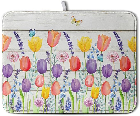 Tulip Floral Dish Drying Mat for Kitchen Counter Watercolor Spring Flower Dish Mat Absorbent Microfiber Dish Draining Mat Reversible Heat Resistant Dishes Pad Large 18 x 24 Inch