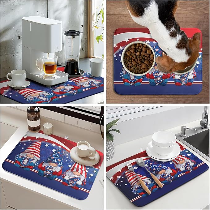 Kawani 4th of July Dish Drying Mat 18x24 Inch Spring Summer Patrioti Gnome Memorial Kitchen Mats Independece Day Absorbent Dishes Pad for Kitchen Counter Usa Stars Drying Mat Home Decor Countertops