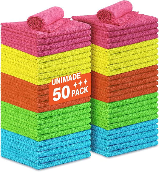 UNIMADE Microfiber Cleaning Cloth, 50PK Reusable Shop Rags Bulk Microfiber Cleaning Cloth Lint Free Cleaning Towels for Car Kitchen Automotive Bar Mechanic Restaurant Garage, 11.5"x11.5", Multicolor
