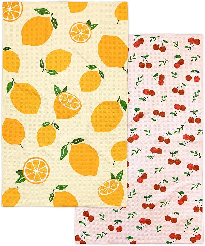 Eulnars Kitchen Towels, 18" x 30" Dish Towels, Microfiber Tea Towels for Kitchen Drying, Superior Absorbency, Lemon Cherry Series, 2-Pack