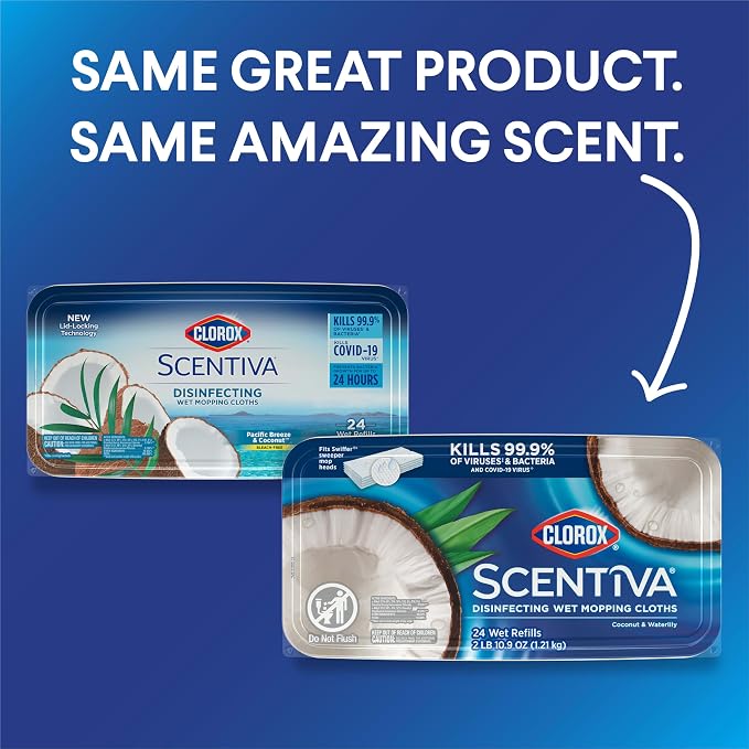 Clorox Scentiva Disinfecting Wet Mopping Cloths, Coconut and Waterlily, 24 Refills (Pack May Vary)