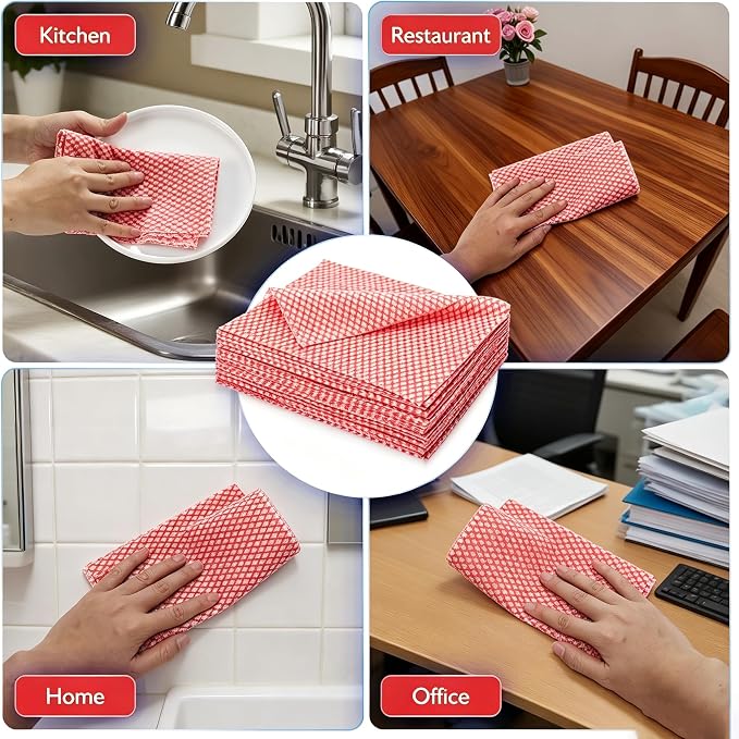 60 Pack Disposable Dish Cloths for Kitchen, Durable Cleaning Wipes | Short-term reusable cleaning cloths for bathroom & daily Cleaning (Red)