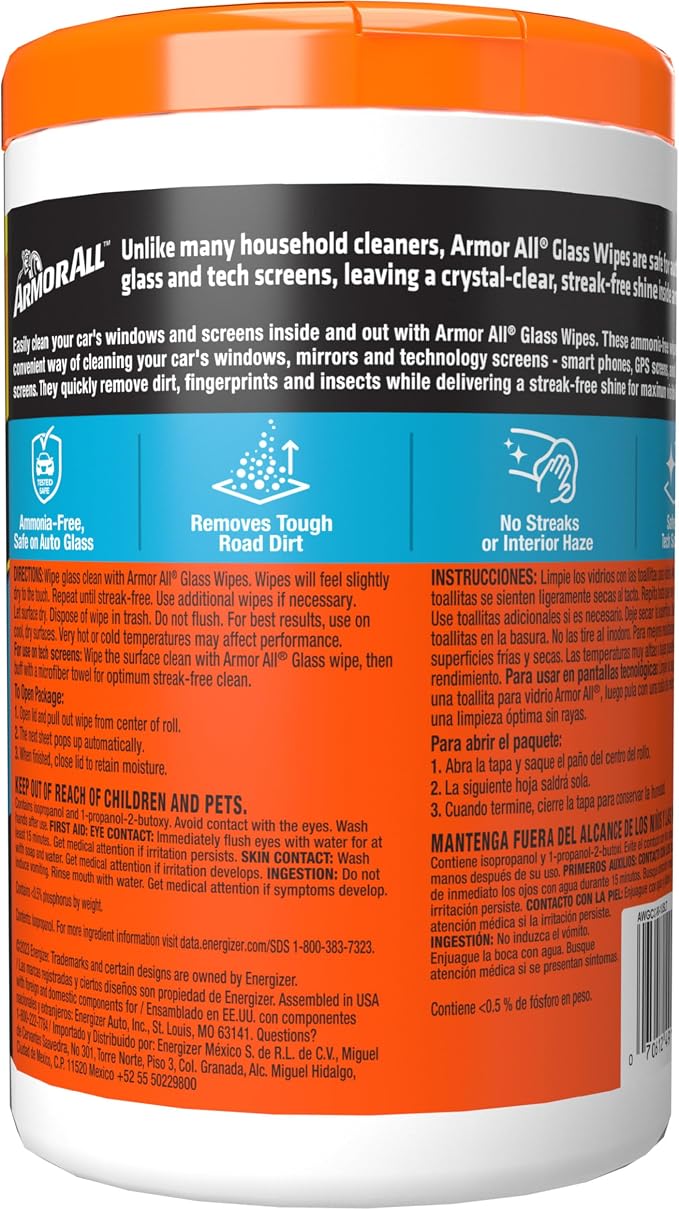 Armor All Car Glass Wipes, Auto Glass Cleaner, 90 Count | Ammonia-free window cleaner wipes safe on tinted glass; remove filmy residue, fingerprints, and bugs
