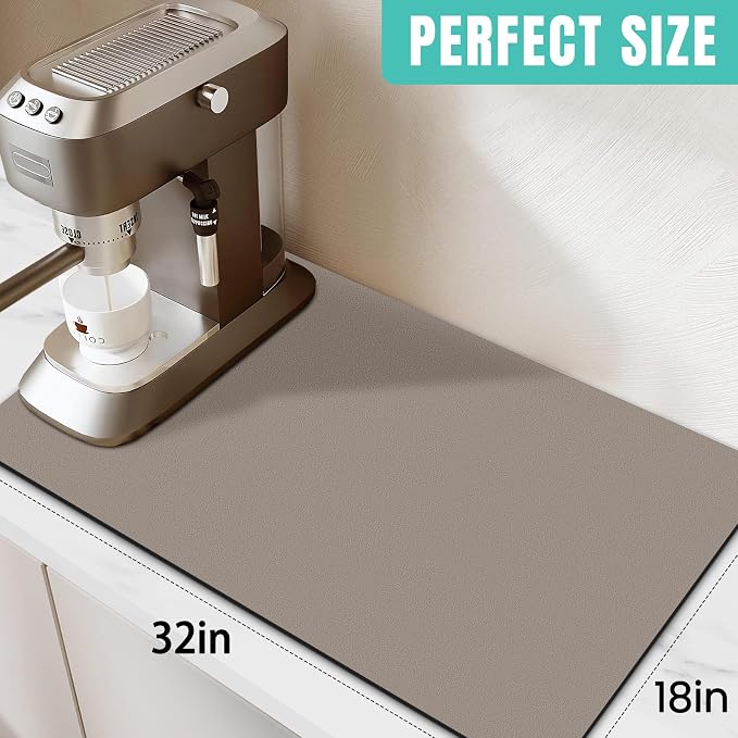 WISELIFE Coffee Mat Super Absorbent Dish Drying Mat Coffee Bar Accessories Match with Machine Large Drying Mats for Kitchen Counter 18" W x 32" L, Khaki