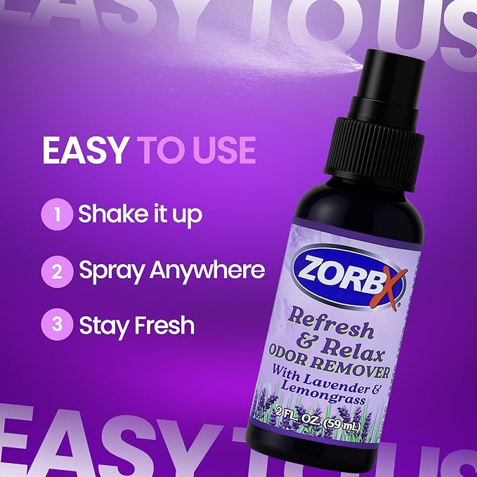 ZORBX Refresh & Relax Lavender Lemongrass Odor Remover Spray 2 Oz | Non-Aerosol Fabric Deodorizer & Room Freshener for Couch, Furniture, Home, Bathroom, Car, Gym & Laundry, Permanent Solution