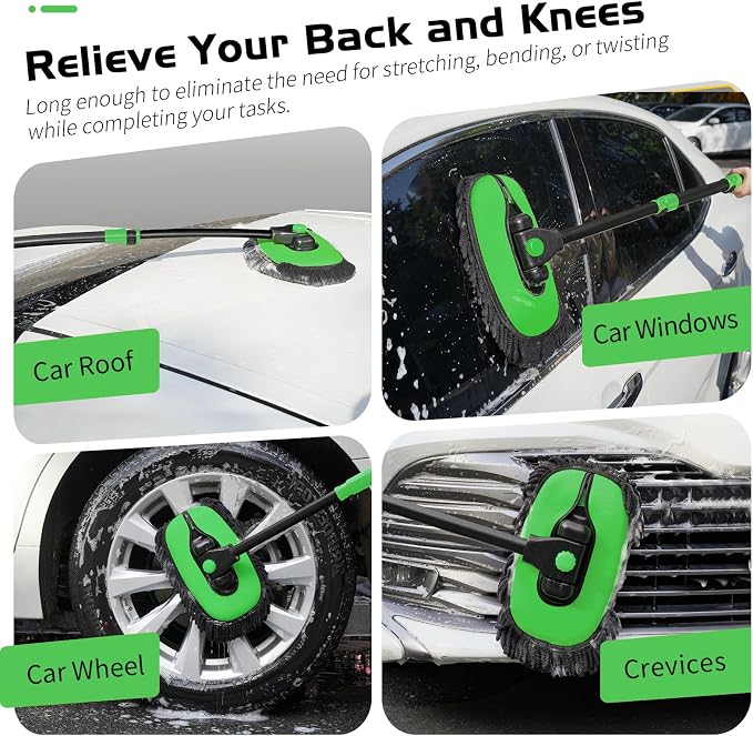 Ordenado 15°Curved Car Wash Brush with Long Handle, 43" Car Cleaning Brush with Extension Pole, Microfiber RV Wash Mop Scratch-Free, Exterior Washer Mop for Washing Roof Truck Camper SUV Caravan Green