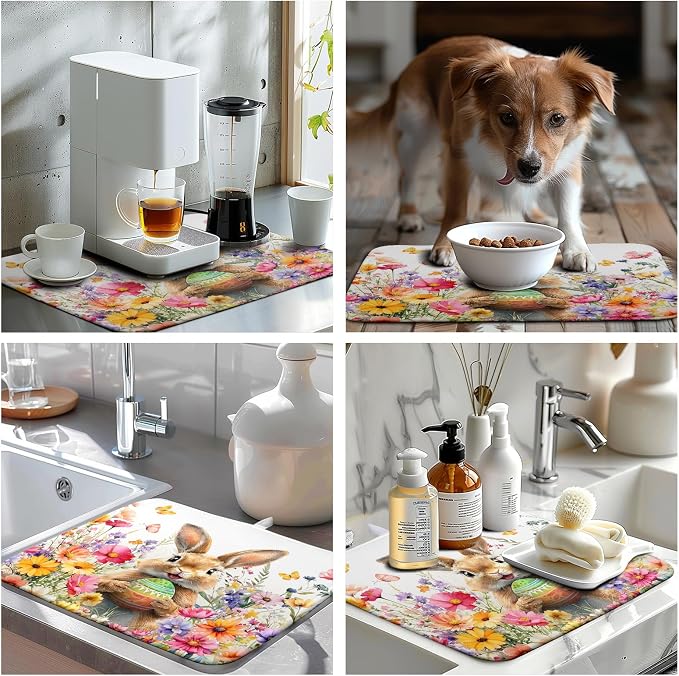 Spring Easter Dish Drying Mat for Kitchen Counter Easter Bunny Rabbit Eggs Flowers Dishes Drainer Mats 16x18 Microfiber Absorbent Medium Dish Drying Pad for Kitchen Countertop Tableware Decor