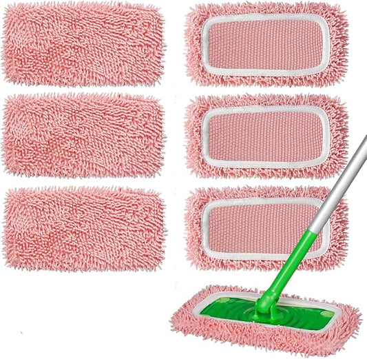 6Pcs Reusable Microfiber Mop Pads Compatible with Swiffer Sweeper, Wet and Dry Flat mop Cover, Replacement Sweeping Mopping pad Refills for Surface/Hardwood Floor Cleaning