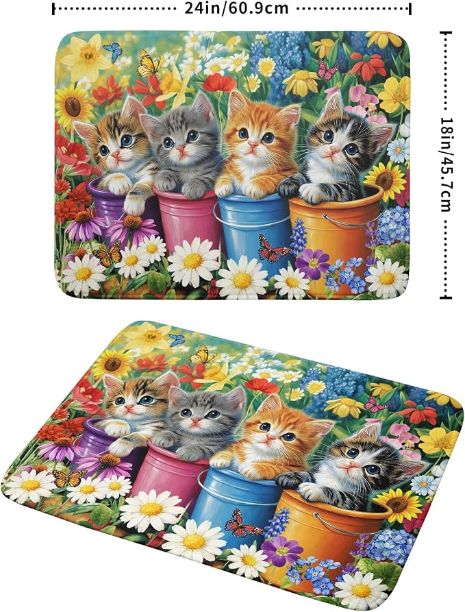 Lovely Cat Drying Mat for Kitchen Counter Colorful Flower Absorbent Coffee Bar Mat 18 X 24