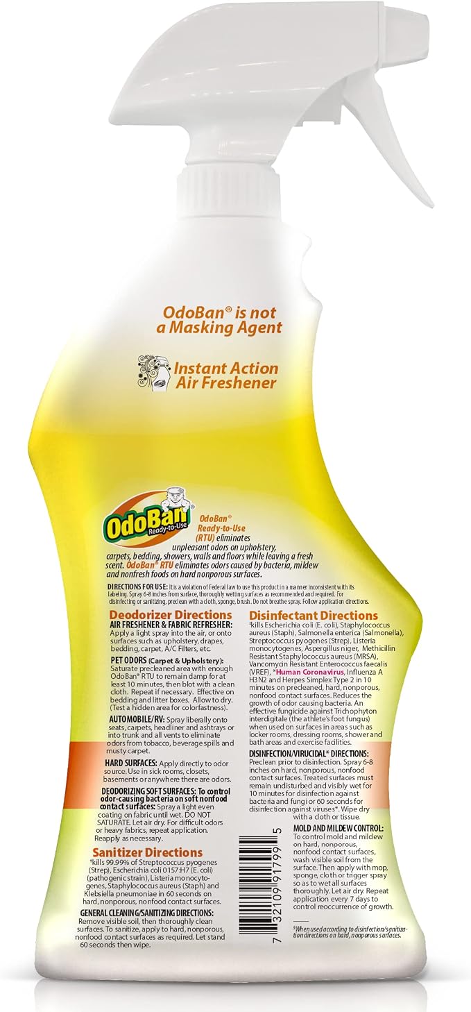 OdoBan Ready-to-Use Disinfectant and Odor Eliminator, Set of 3 Spray Bottles, 32 Ounces Each, Citrus Scent
