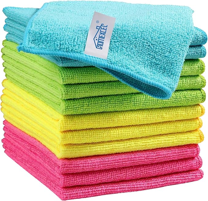 HOMEXCEL 12PK Microfiber Cleaning Cloth, Cleaning Rag for Home, 11.5x11.5in | Reusable, Lint Free, Scratch-Free and Highly Absorbent Towels for Kitchen, Window and Glass, Cars (Green/Blue/Yellow/Pink)