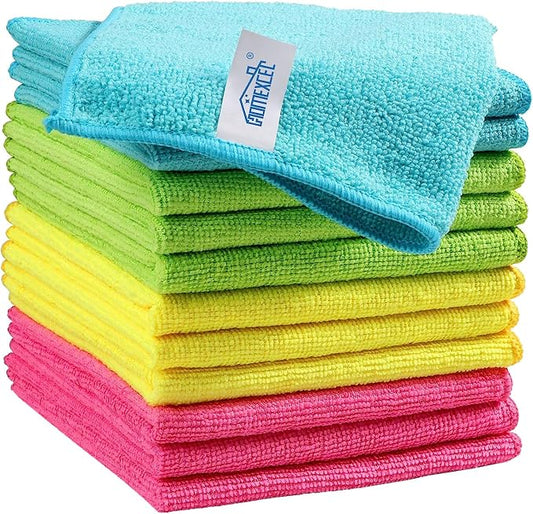 HOMEXCEL 12PK Microfiber Cleaning Cloth, Cleaning Rag for Home, 11.5x11.5in | Reusable, Lint Free, Scratch-Free and Highly Absorbent Towels for Kitchen, Window and Glass, Cars (Green/Blue/Yellow/Pink)