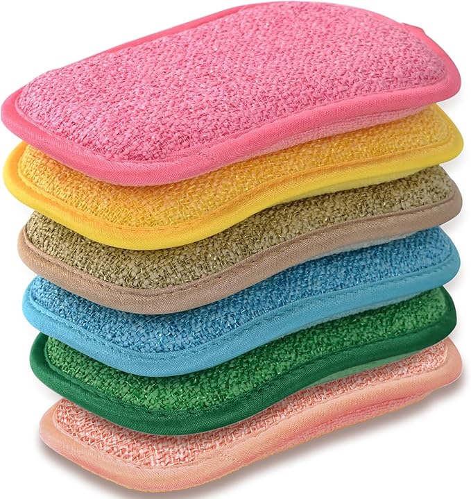 Multipurpose Kitchen Scrub Sponges, Heavy Duty Cleaning Non-Scratch Scrub Sponge, Reusable Microfiber Sponge for Household Cleaning, Six Color Packaging (6pcs)