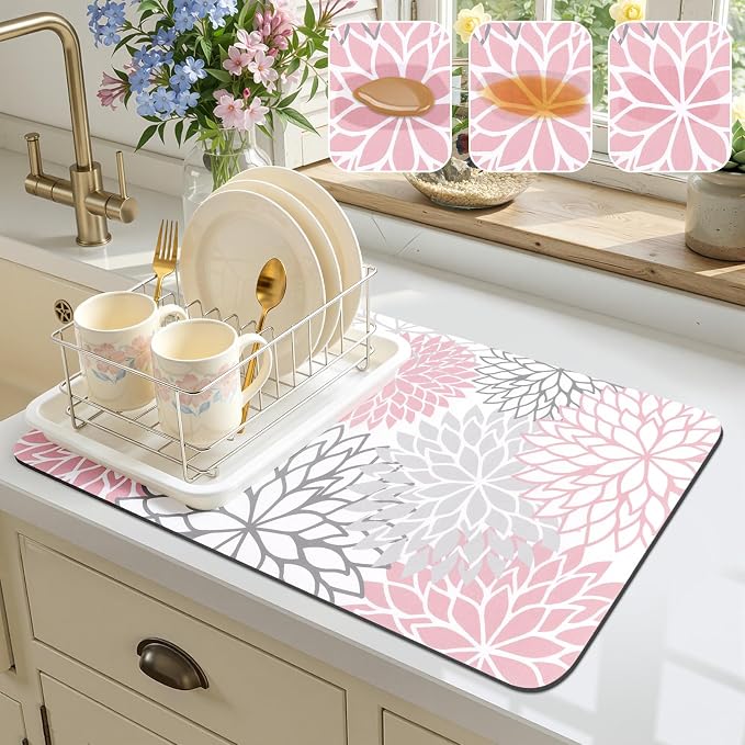 Findosom Dish Drying Mat, 12" x 20" Super Absorbent Dish Mat with Floral, Hide Stain Drying Mat for Kitchen Counter, Under Dish Rack, Coffee Maker, Espresso Machine, Pink