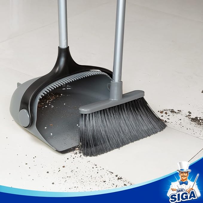 MR.SIGA Broom and Dustpan Set with Adjustable Long Handle, Gray | Stand upright broom with dustpan combo for home, office and garage easy sweeping and storage. 51.7"(131 cm) broom handle
