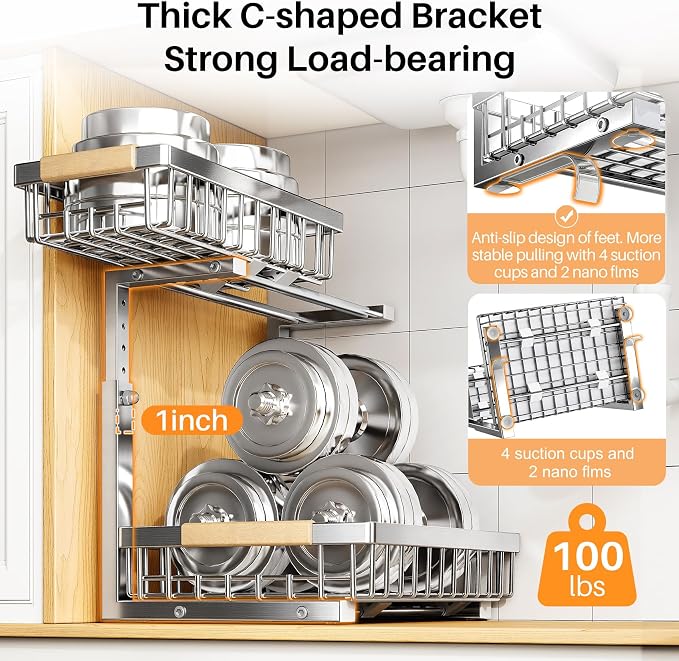 PXRACK Under Sink Organizer, Adjustable Height, 2 Tier Pull Out Cabinet Organizer, Slide Out Thickened Metal Storage for Kitchen Bathroom Laundry Pantry Cabinet, Stainless Steel, Silver, Large-2-Pack