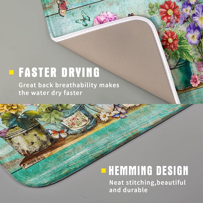 Flower Dish Drying Mat for Kitchen Counter 16x18 Inch Rustic Vintage Microfiber Absorbent Dishes Drainer Mats