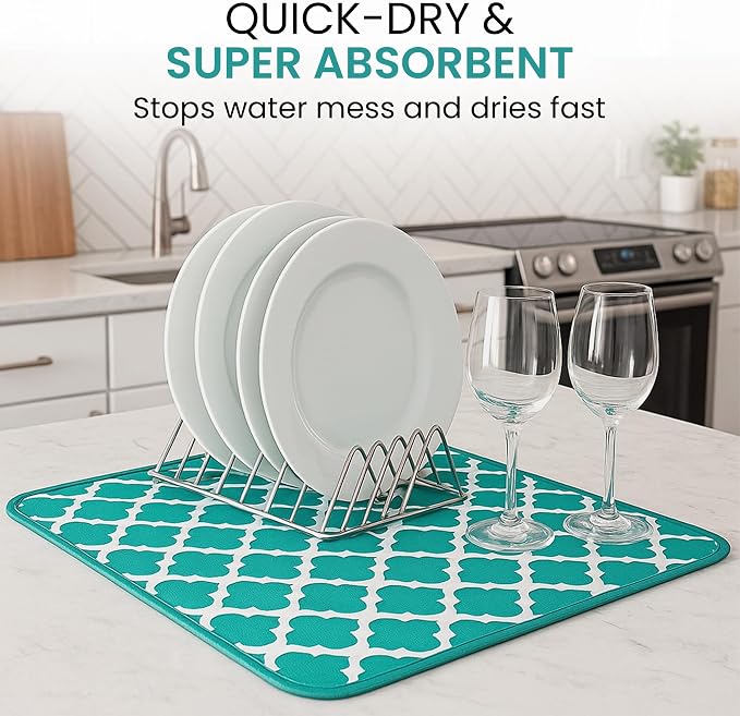 Dish Drying Mat for Kitchen Counter, Large 18 x 14 Absorbent Microfiber Pad | Machine Washable Quick Dry Kitchen Mat, Reversible Under Dish Rack Pad, Counter Protector for Dishes Pots Pans, Coffee Bar
