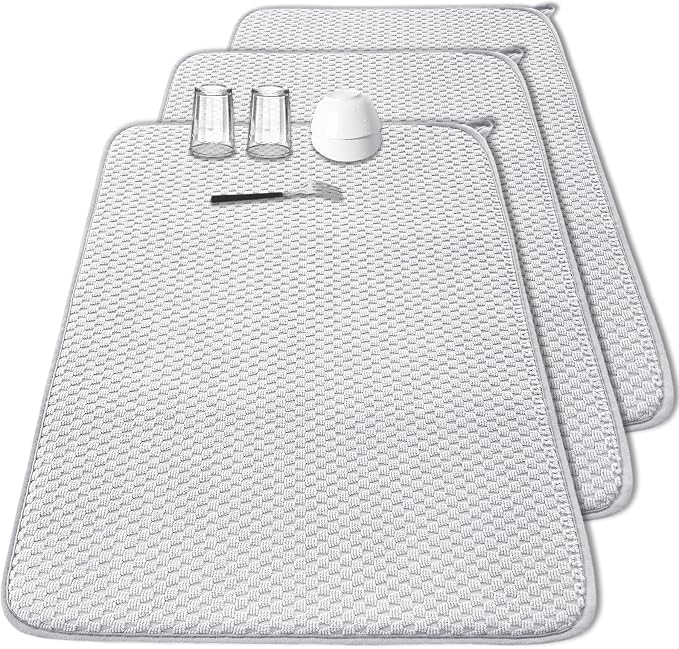 3 Pcs Extra Large Size Dish Drying Mat,Absorbent Microfiber Dishes Drainer Mats,30×24" Inch Pads for Kitchen Counter,Coffee,Rack,Under Sink,Light Gray