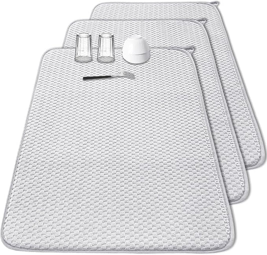 3 Pcs Extra Large Size Dish Drying Mat,Absorbent Microfiber Dishes Drainer Mats,30×24" Inch Pads for Kitchen Counter,Coffee,Rack,Under Sink,Light Gray