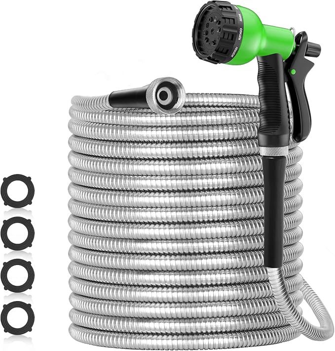 SPECILITE 75ft 304 Stainless Steel Metal Garden Hose with Nozzle | Puncture Resistant, Flexible, Never Kink & Tangle, Heavy Duty Water Pipe for Yard, Outdoor, Lawn