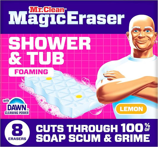 Mr. Clean Magic Eraser Sponge, Bathroom, Shower, Tub Cleaner, Soap Scum Remover, Bathroom Cleaning Supplies, Dawn Cleaning Power with Lemon Scent, Shower & Tub, 8ct