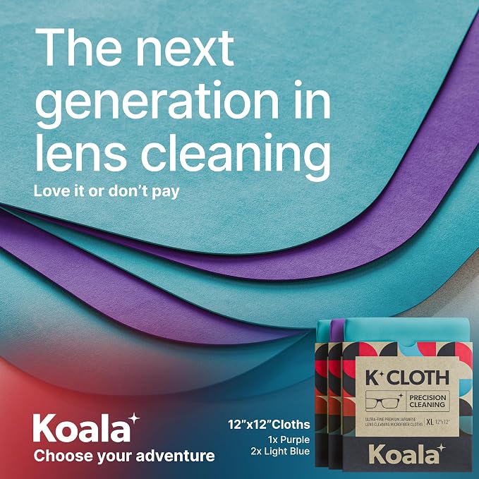 Koala Lens Cleaning Cloth | Japanese Microfiber | Blue & Purple (Pack of 3) | Glasses Cleaning Cloths | Eyeglass Lens Cleaner | Eyeglasses, Camera, VR/AR Headset, and Screen Cleaner | Washable & Reusable