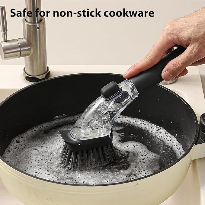 DAPOWER Soap Dispensing Dish Brush with Handle, Kitchen Scrub Brush for Dishes Pots Pans Sink Cleaning (Black)