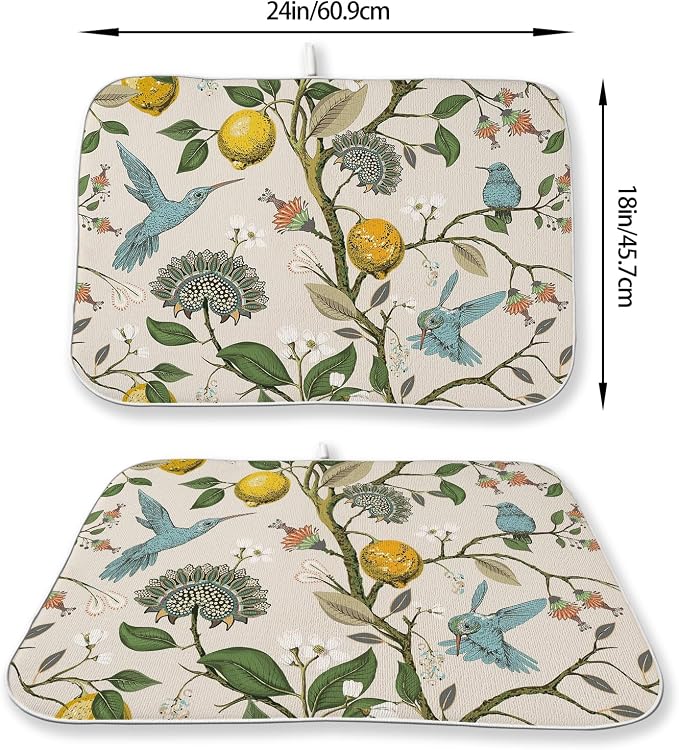 Boho Dish Drying Mat 18x24 Inch Vintage Lemon Floral Blue Bird Drying Mat Chinoiserie Flower Spring Summer Seasonal Absorbent Dish Drying Pad Dish Rack Drainer Mats for Kitchen Dining Counter