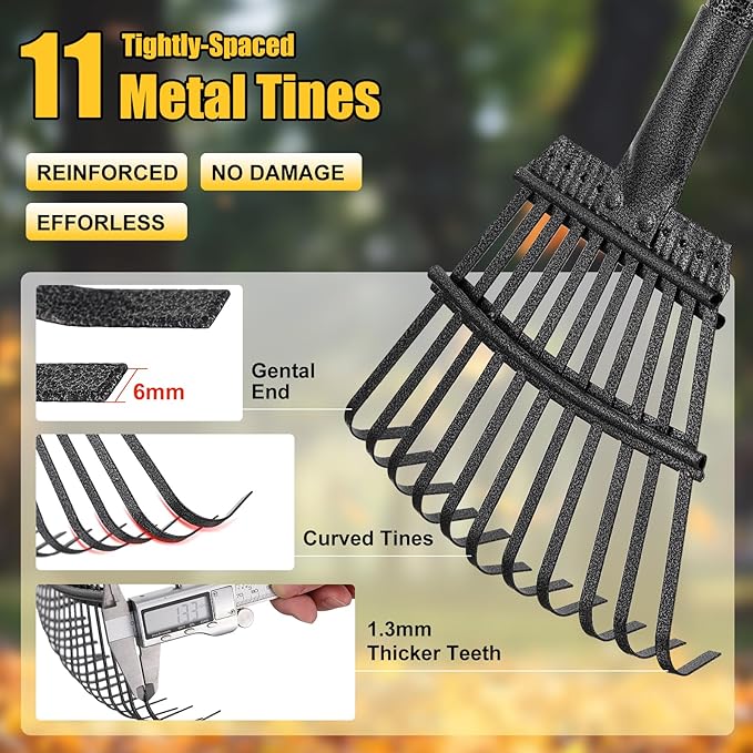 Rake for Leaves: Small Metal Garden Rake, 8.5" Wide, 11 Metal Tines,Heavy Duty Lightweight Kids Leaf Rakes for Small Lawn Yard Shrub,Tight Spot Garden Bed Leaf Debris Picking Cleaning, 60” Long Handle