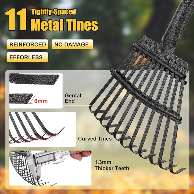 Leaf Rake: 8.5" Wide Heavy Duty Small Metal Garden Rake for Lawn Yard Garden Bed Leaves Debris Shrub Pine Needles Cleanup, 11 Metal Tines, Lightweight Kids Leaf Rakes, 72” Long Handle