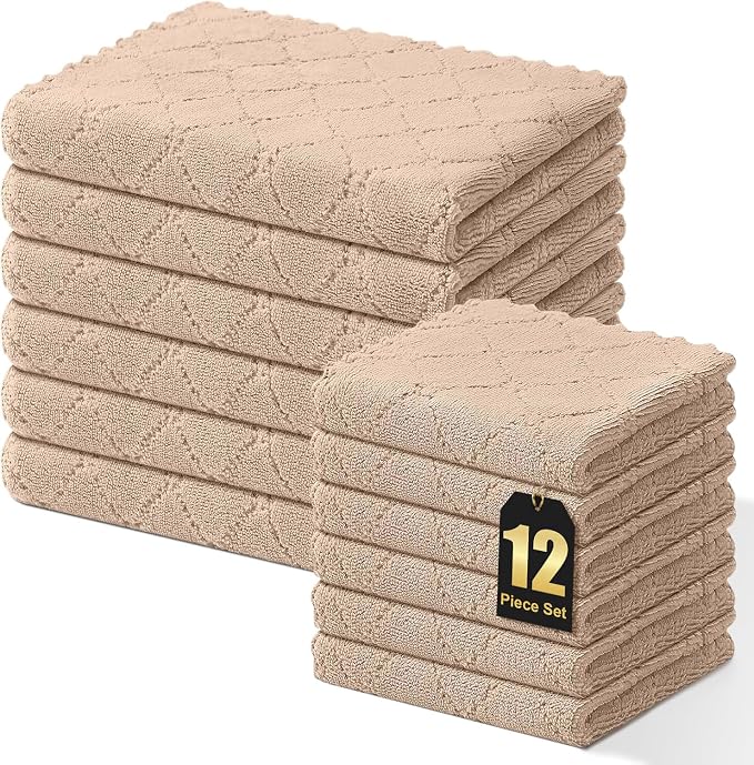 Homaxy Kitchen Towels and Dishcloths Set, 10 x 10 and 13 x 19 Inches, Set of 12 Super Soft and Absorbent Coral Velvet Kitchen Towels, No Lint and Nonstick Oil Fast Drying Dish Towel, Tan