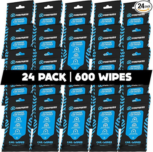 Fortress Car Interior Wipes (25 ct, Pack of 24) for Car Interior Cleaning, Dashboard, Seats, Detailing, and Steering Wheel [Travel Size] Skin-Safe Car Interior Cleaner Supplies