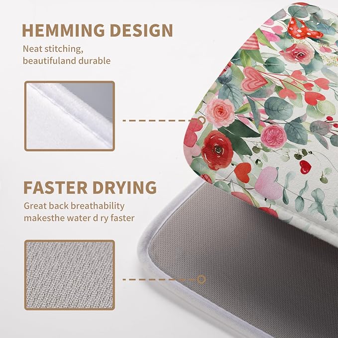 Valentines Day Love Heart Rose Eucalyptus Leaves Dish Drying Mat for Kitchen Counter 16x18 Inch Spring Valentine Microfiber Absorbent Dish Drainer Mats Reversible Drying Pad