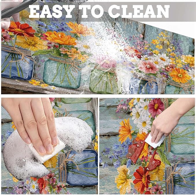 MCALK Floral Vases Dish Drying Mat for Kitchen Counter, Spring Wooden Dish Drying Pad with Anti-Slip Rubber Base, Absorbent Kitchen Sink Mat with Farmhouse Decor (1 pc 18" x 16")