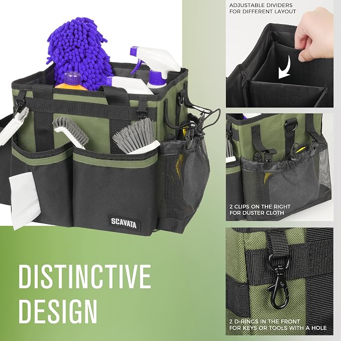 SCAVATA Compact Wearable Cleaning Caddy with Handle & Shoulder Straps | Small Cleaning Supplies Organizer, Under Sink & Car Cleaning Tools Storage Bag for Housekeepers Cleaners, Armygreen