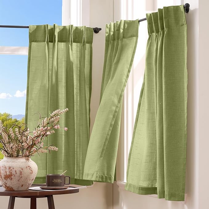 jinchan Linen Pinch Pleated Back Tab Tier Curtains, 26x24, 2 Panels, Green | Light filtering,small window treatment,cafe curtains,machine washable,farmhouse,kitchen,bathrooms,laundry